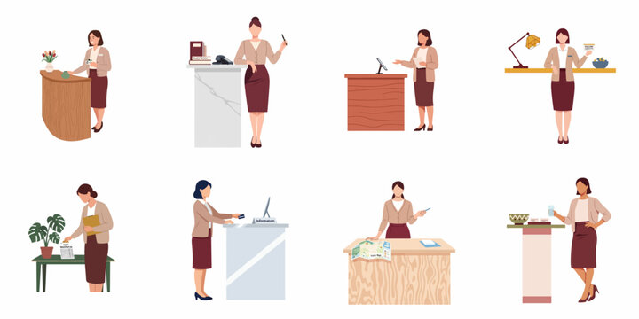 Collection of professional female receptionist characters working at various information and check-in desks in office and hotel lobby settings.