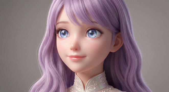 Ultra detailed 3D anime princess closeup portrait featuring lavender flowing hair and crystal eyes, dreamy cinematic lighting with elegant kawaii expression rendered on clean plain studio background