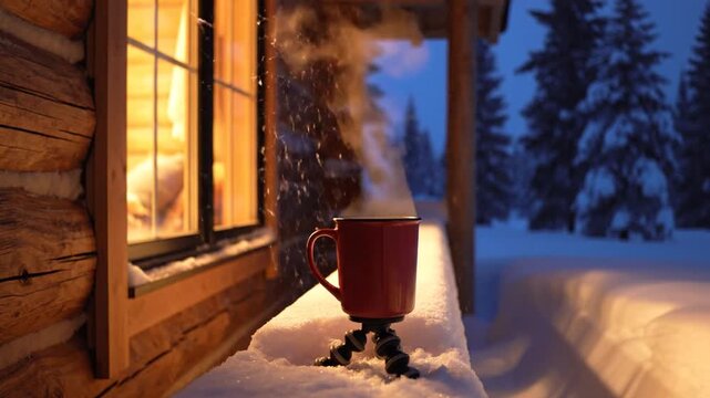 Warm amber light spills from a rustic cabin window onto snow