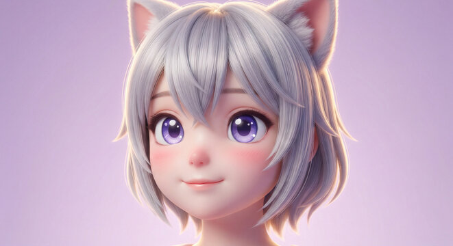 Adorable 3D fantasy anime cat-eared character closeup portrait with silver hair and glowing violet eyes, ultra detailed kawaii face render with cinematic lighting on clean minimal plain background