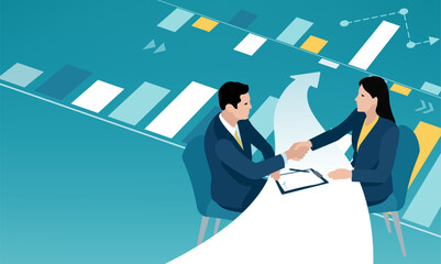 Naklejka na ściany i meble Successful contract. Business couple shaking hands after signing contract on the background of growing business chart. The table transforms into an arrow. Concept business vector illustration. 