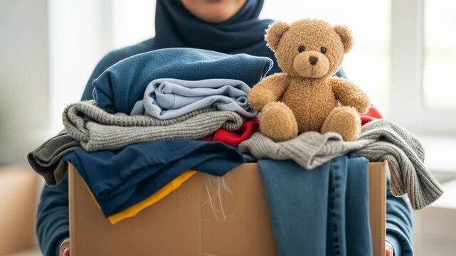 Muslim woman in hijab holding a cardboard donation box filled with clothes and a teddy bear. Concept of charity, volunteering, and giving back to the community