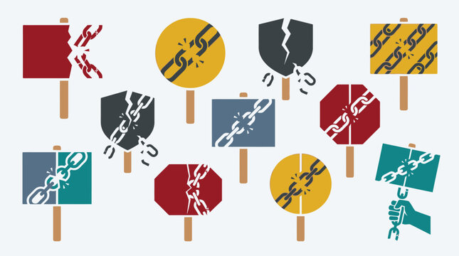 Collection of protest signs featuring broken chains and shields, symbolizing freedom and breaking barriers.
