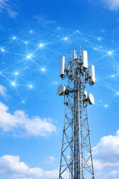 AI generated telecom tower with digital network connections in blue sky representing wireless communication connectivity infrastructure and modern technology transmission system