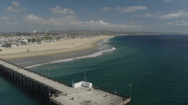 An aerial shot of Newport Beach and the Newport Pier at late afternoon, Newport Beach, CA