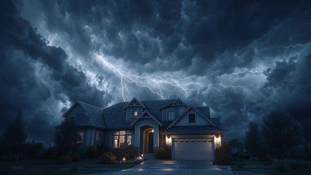 Suburban House Under Dramatic Lightning Storm at Night