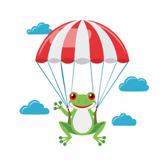 Obraz premium Cartoon frog with a red and white parachute soaring through the blue sky with clouds