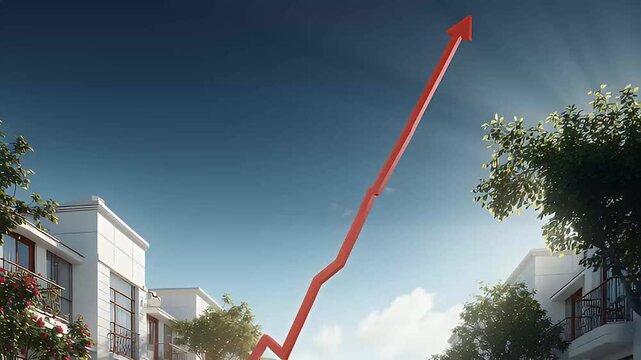 Real Estate Market Growth with Rising Red Arrow Over Houses