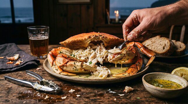 Delicious Whole Cooked Crab Dinner with Melted Butter and Beer by the Ocean
