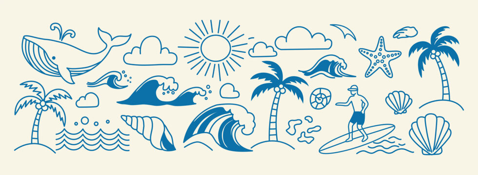 Summer Beach And Ocean Doodle Line Art Elements Vector Collection