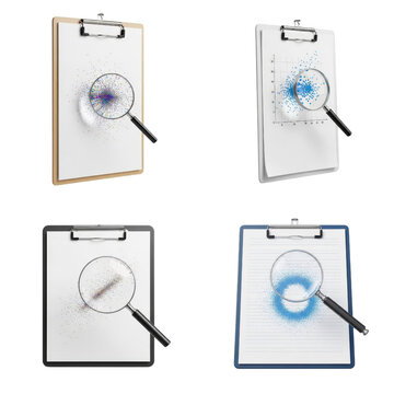 Clipboard with data analysis and magnifying glass