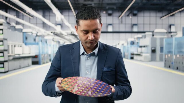 Manager holding processed silicon wafer inside automated manufacturing plant, preparing optimizations. Indian man inspecting microelectronic equipment, doing quality control, camera A