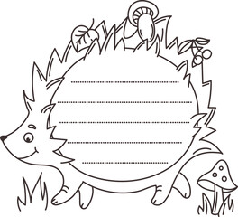 Fototapeta premium Kids memo note of cartoon funny hedgehog animal frame for message sticker, vector adhesive post. Cute hedgehog with forest mushrooms and berries for kids memo note sticker and daily to do list plan