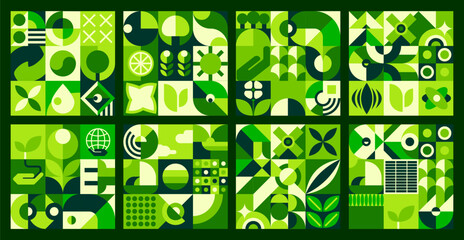 Plakat Environment ecology green tile with geometric nature Bauhaus patterns. Clean ecology vector patterns with green graphic shapes. Environment protection, nature saving backgrounds with Bauhaus shapes