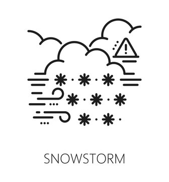 Snowstorm natural disaster, world destruction line icon. Environmental disaster thin line sign, snowstorm cataclysm vector icon. Natural destruction accident symbol with snowflakes in wind and clouds