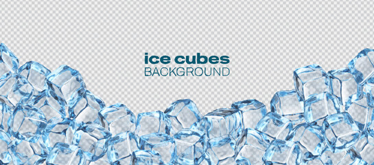 Fototapeta na wymiar Crystal ice block cubes realistic background. Transparent ice cubes backdrop, crystal ice blocks realistic vector background. Frozen water crystal 3d banner, translucent frozen wallpaper or cover