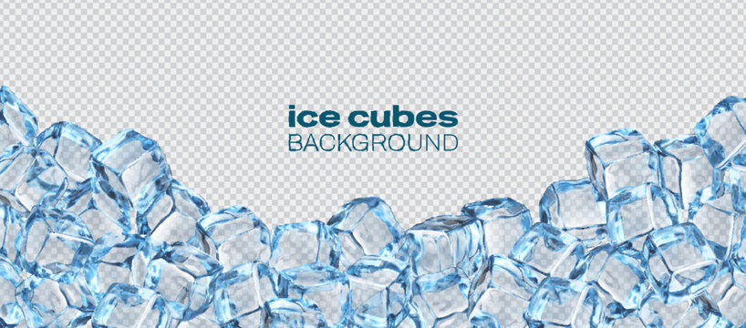 Crystal ice block cubes realistic background. Transparent ice cubes backdrop, crystal ice blocks realistic vector background. Frozen water crystal 3d banner, translucent frozen wallpaper or cover