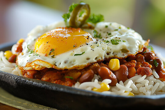Close-up view of a hearty breakfast dish