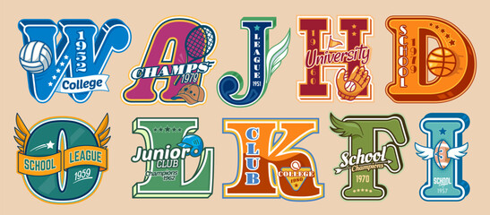 Fototapeta premium Varsity sport patch labels, college or university club letters badges set. Vector basketball, baseball and american football, volleyball and rugby balls, glove, cap letters, varsity patches and prints