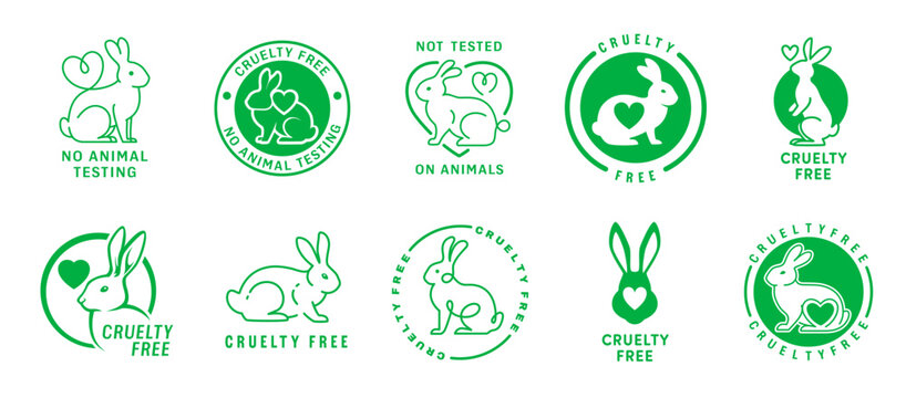 Cruelty free icons with green white rabbit animals and hearts vector silhouettes. Cute rabbit or bunny in round frames isolated icons set for cruelty free labels and not tested on animals stamps
