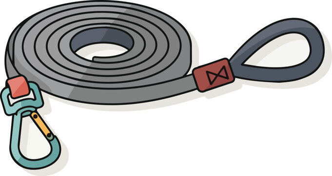 A hand-drawn illustration of a coiled grey leash with a black handle loop and a light blue carabiner clip, suitable for pets or general utility.