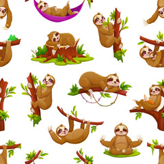 Fototapeta premium Lazy sloth animal characters seamless pattern of cartoon cute bears on jungle tree branches. Funny rainforest animals vector background of sloths sleeping, hugging baby, reading book and doing yoga