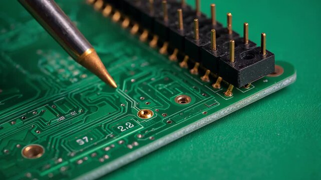 ESDマット上でピンヘッダをはんだ付けするマクロ構図