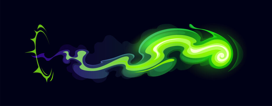 Cartoon green glowing game gun effect or magic power wave, wizard glow vfx light. Vector abstract neon flow with smoke and sparkle, blast trail and glow. Sorcerer magical attack, fantasy spell energy.