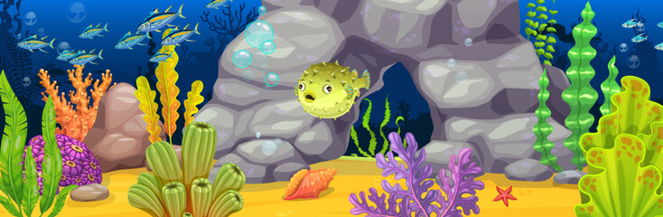 Naklejka premium Underwater landscape game background with fugu fish. Cartoon vector game level scene with aquatic habitat and ocean ecosystem, sea coral reef, pufferfish, fish school, rock cave and tropical seaweeds