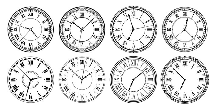 Vintage clock face with Roman numerals, ornamental border frames and elegant clock hands, vector icons. Vintage clock face in steampunk art or history and retro design of stopwatch chronometer