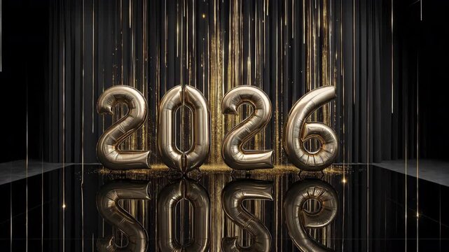 ホテル宴会場でゴールドの数字バルーン2026を黒床に映した華やかな夜