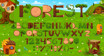 Fototapeta premium Wooden log font, cartoon wood stump and bush typeface. Vector alphabet with forest themed letters, punctuation symbols and numbers. Funny typeset characters made of tree trunks, stumps and leaves