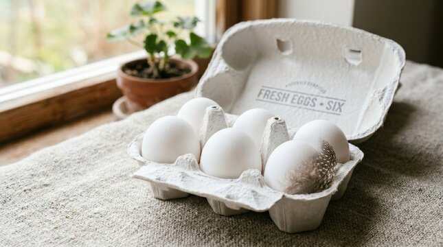 A six-pack of fresh, pristine white eggs nestled in a cardboard carton on a textured surface near a window