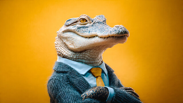 Alligator  portant un costume et croisant les bras