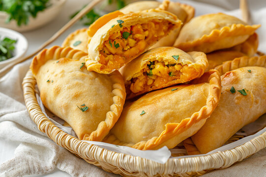 Golden empanadas sit in a wicker basket