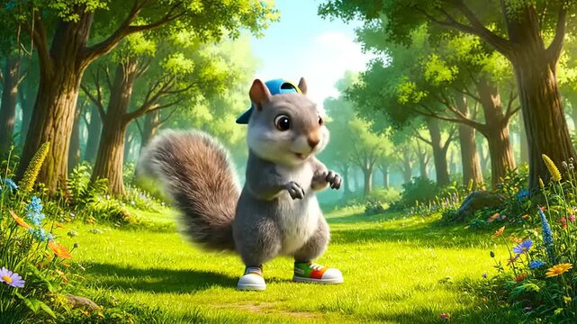 A charming cartoon squirrel with a blue baseball cap and colorful shoes stands playfully in a sunny, green forest clearing, bringing a whimsical and lively vibe to nature scenes