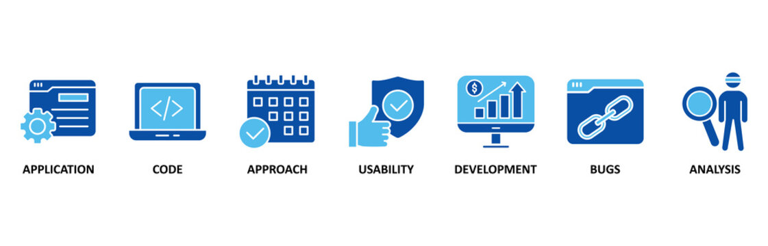 Software testing icon set illustration contain application, code, approach, usability, development, bugs and analysis.