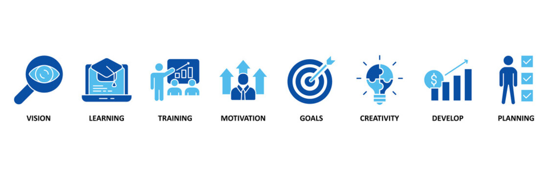 Personal growth icon set illustration contain vision, learning, training, motivation, goals, creativity, develop and planning.