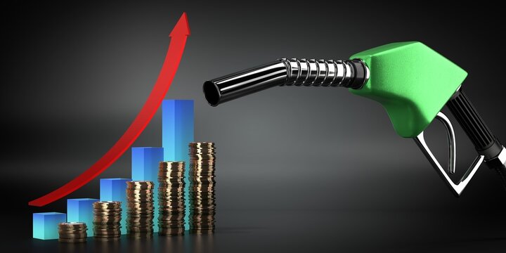 Rising oil prices chart with fuel nozzle front view - 3d illustration