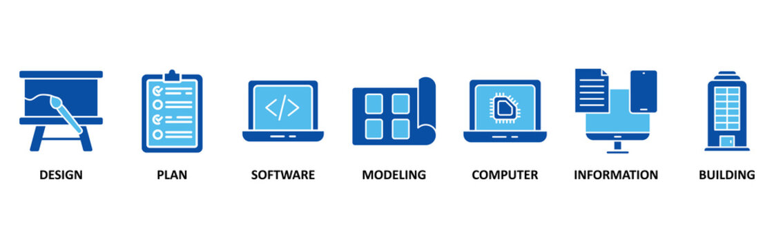 BIM icon set illustration contain design, plan, software, modeling, computer, information and building.