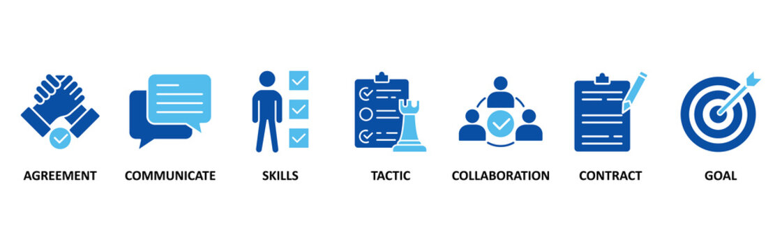 Negotiation icon set illustration contain agreement, communicate, skills, tactic, collaboration, contract and goal.