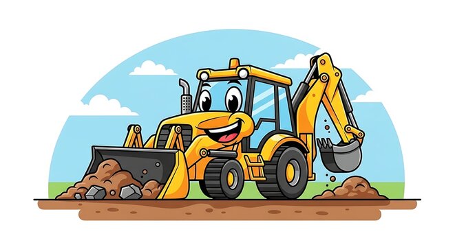 Smiling cartoon backhoe loader excavator machine.
