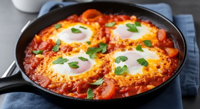 Shakshuka dish with eggs and herbs.