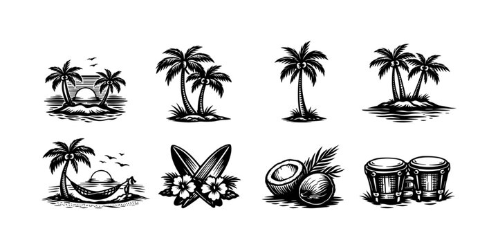 Tropical island icons featuring palm trees, surfboards, coconuts, and bongo drums