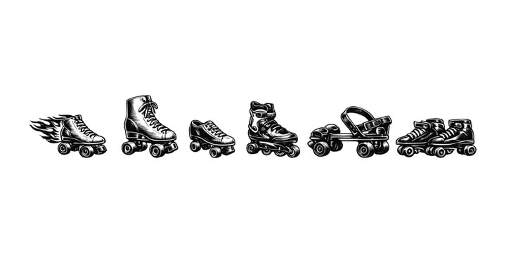 Collection of vintage roller skates and inline skates in a line, black and white illustration