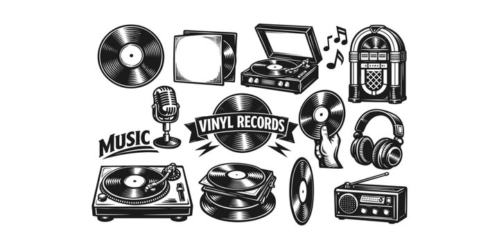 Retro music icons collection with vinyl records, turntables, microphone, and jukebox