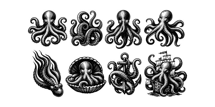 Collection of vintage-style octopus illustrations with nautical and marine themes