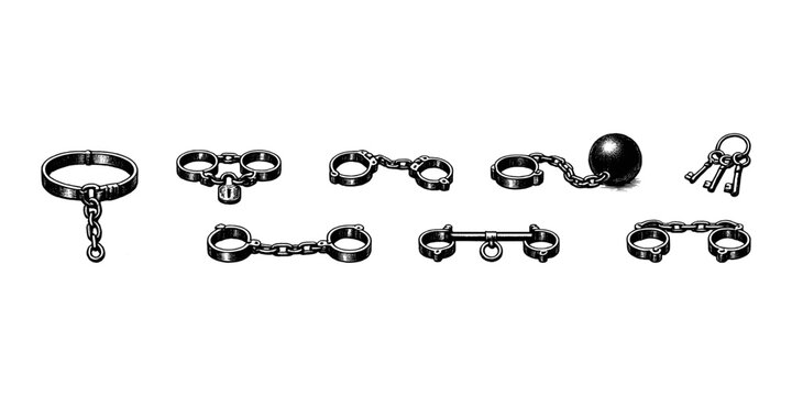 Collection of antique restraints and keys, including shackles, a ball and chain, and a collar