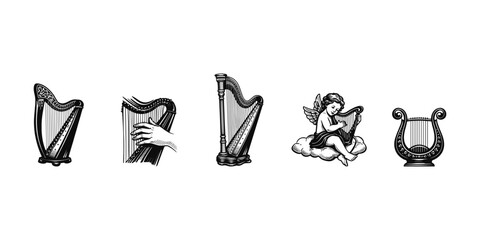 Fototapeta premium Collection of vintage harp and lyre illustrations with a cherub playing a harp