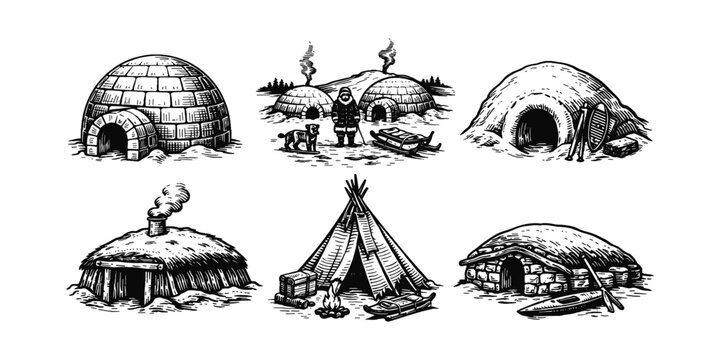Collection of traditional indigenous dwellings from various cold climates and cultures